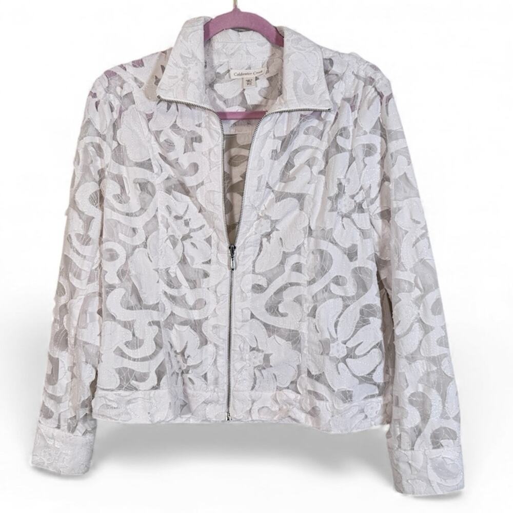 Coldwater Creek White Lace Sheer Full Zip Jacket Womens 12P Boho Coquette Girly